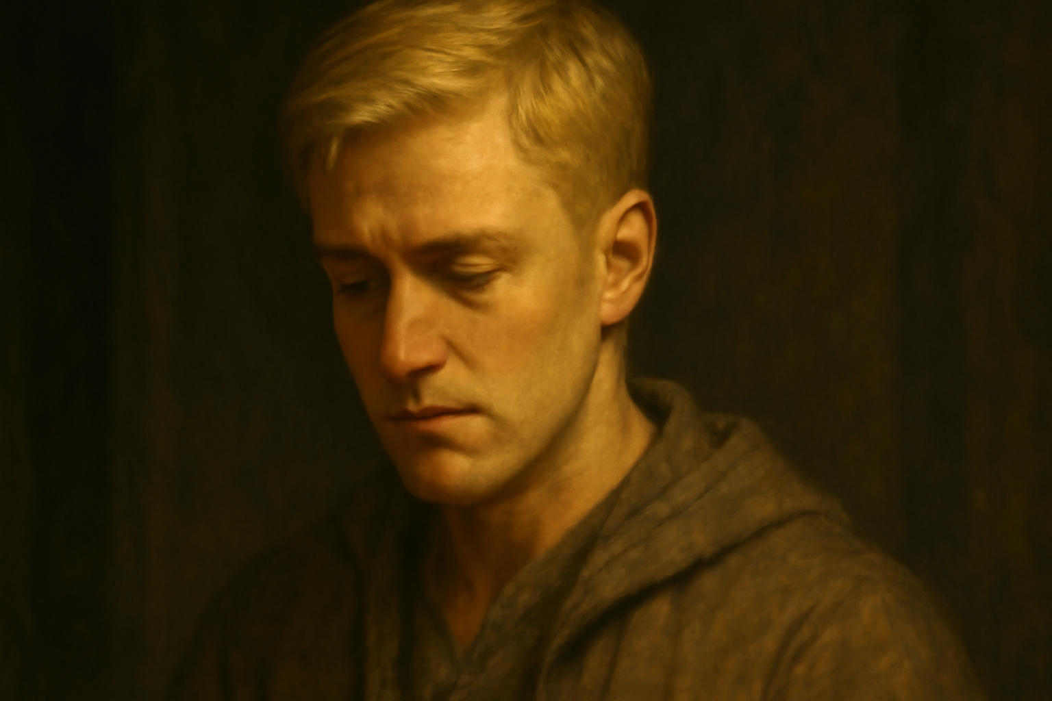 Close-up portrait of a young blonde-haired wizard in muted robes, looking introspective and thoughtful. The soft lighting highlights his reflective expression, set against a blurred background that evokes a sense of solitude and personal growth.