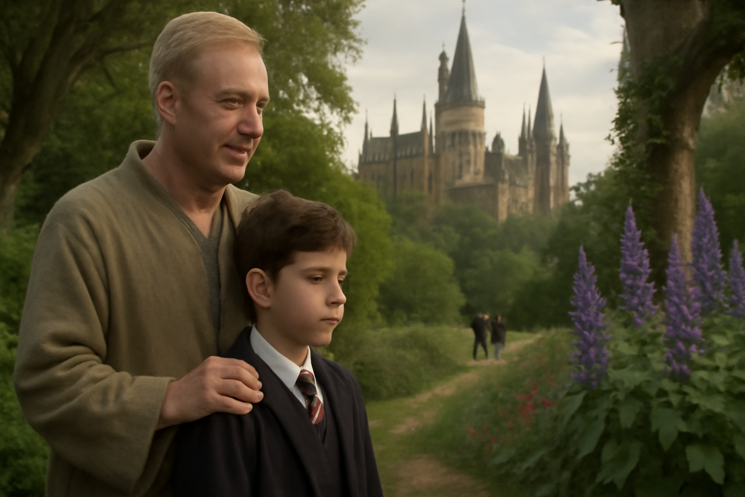 Blonde-haired father in simple robes standing with his young son in a lush magical garden, with Hogwarts Castle in the background. The father gently rests his hand on his son's shoulder as they both gaze ahead, symbolizing peace, reconciliation, and a hopeful future.