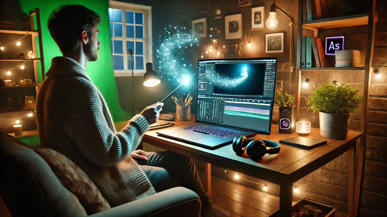 A person in a cozy, tech-savvy home studio uses a laptop with Adobe After Effects open, working on a glowing magic spell animation
