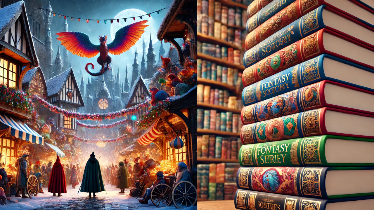 A split image showing a magical winter marketplace with a colorful phoenix flying above, alongside a stack of beautifully designed fantasy books, symbolizing the enchanting world of magical storytelling.