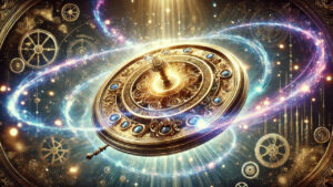 Intricate golden timepiece surrounded by cosmic swirls and gears, representing the mystique of time travel and the universe's vast interconnectedness.