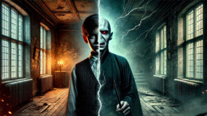Split image showing a young Tom Riddle on the left, contrasting with the dark, powerful Voldemort on the right, surrounded by an eerie atmosphere and cracks of lightning.