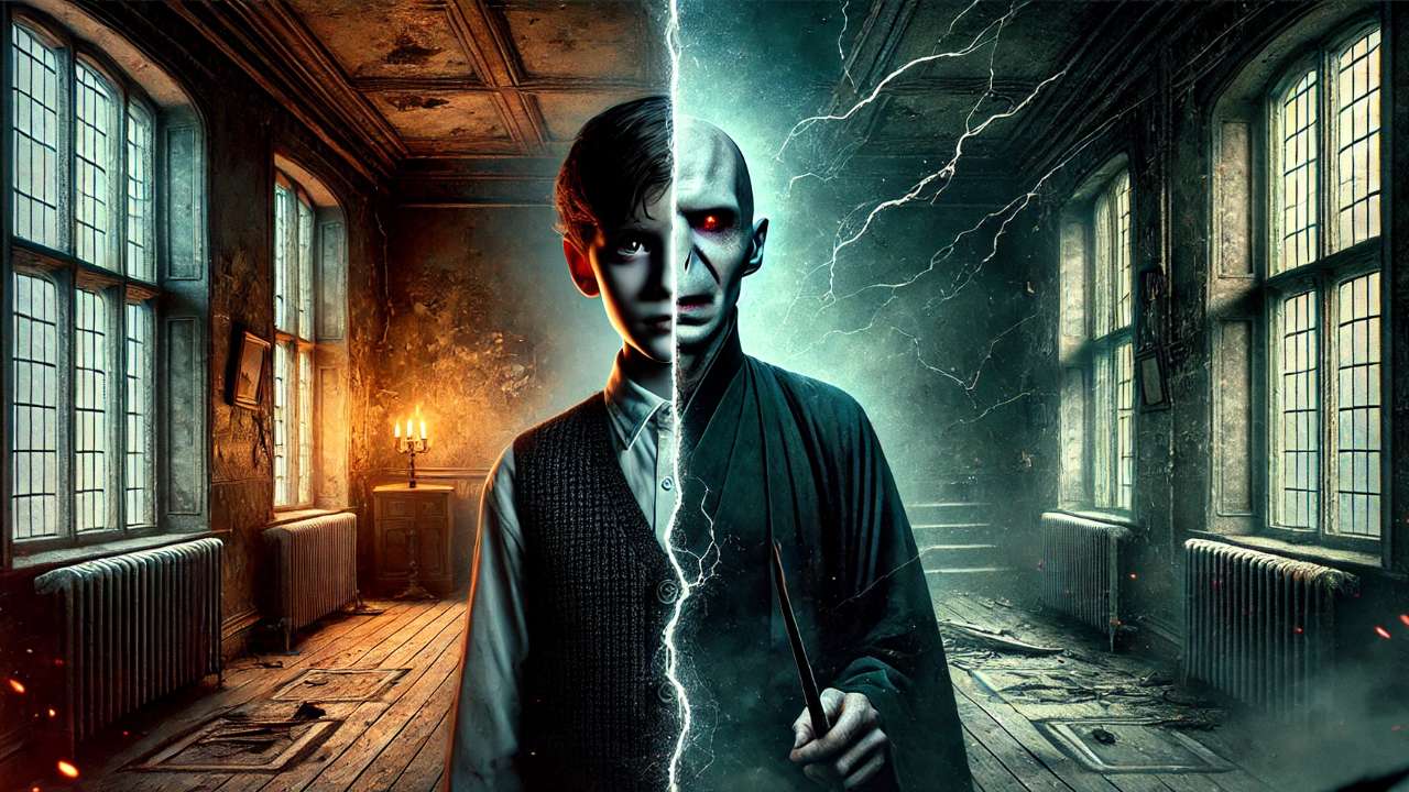 Split image showing a young Tom Riddle on the left, contrasting with the dark, powerful Voldemort on the right, surrounded by an eerie atmosphere and cracks of lightning.