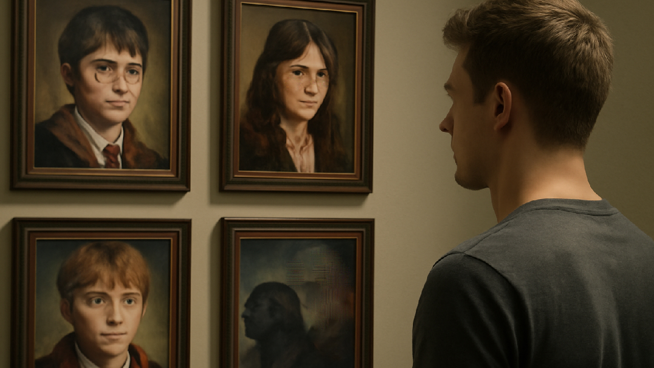 Young man admiring framed Harry Potter fan art portraits of Harry, Hermione, Ron, and Snape, with warm lighting and detailed, realistic artwork. 