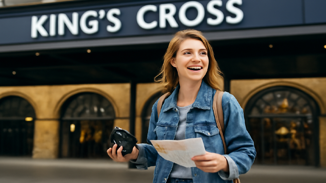 A young woman standing at King's Cross Station in London, holding a camera and a map, dressed in a denim jacket and smiling excitedly as she looks up at the iconic 'KING’S CROSS' sign, ready to embark on her magical Harry Potter adventure.