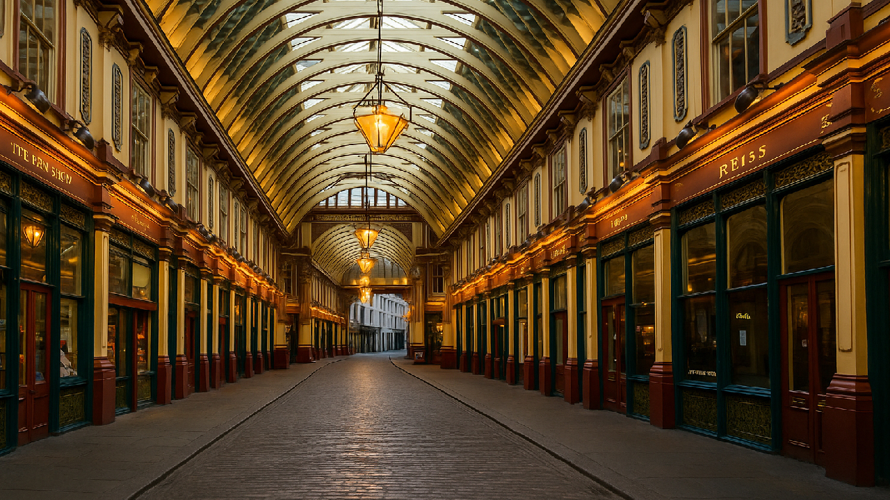 Leadenhall Market London interior with Victorian arches, ornate glass ceiling, colorful shopfronts — real-life inspiration for Diagon Alley.
