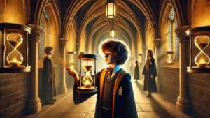 Harry Potter student holding a glowing Time-Turner in Hogwarts corridor, with hourglasses in the background and other students in robes – a scene from time travel magic.