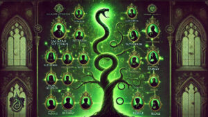 Voldemort's family tree with a serpent motif, tracing his lineage from Salazar Slytherin to the Riddle family, with dark silhouettes and green mystical lighting.