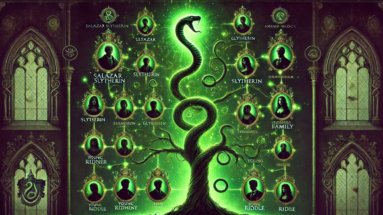 Voldemort's family tree with a serpent motif, tracing his lineage from Salazar Slytherin to the Riddle family, with dark silhouettes and green mystical lighting.