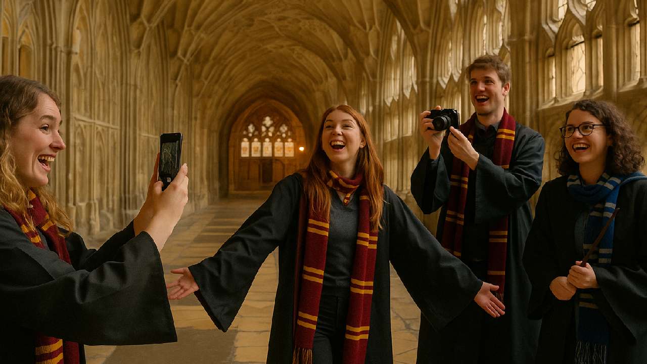 Excited Harry Potter fans in Hogwarts robes and scarves taking photos at Gloucester Cathedral cloisters, iconic filming location from the Harry Potter movies
