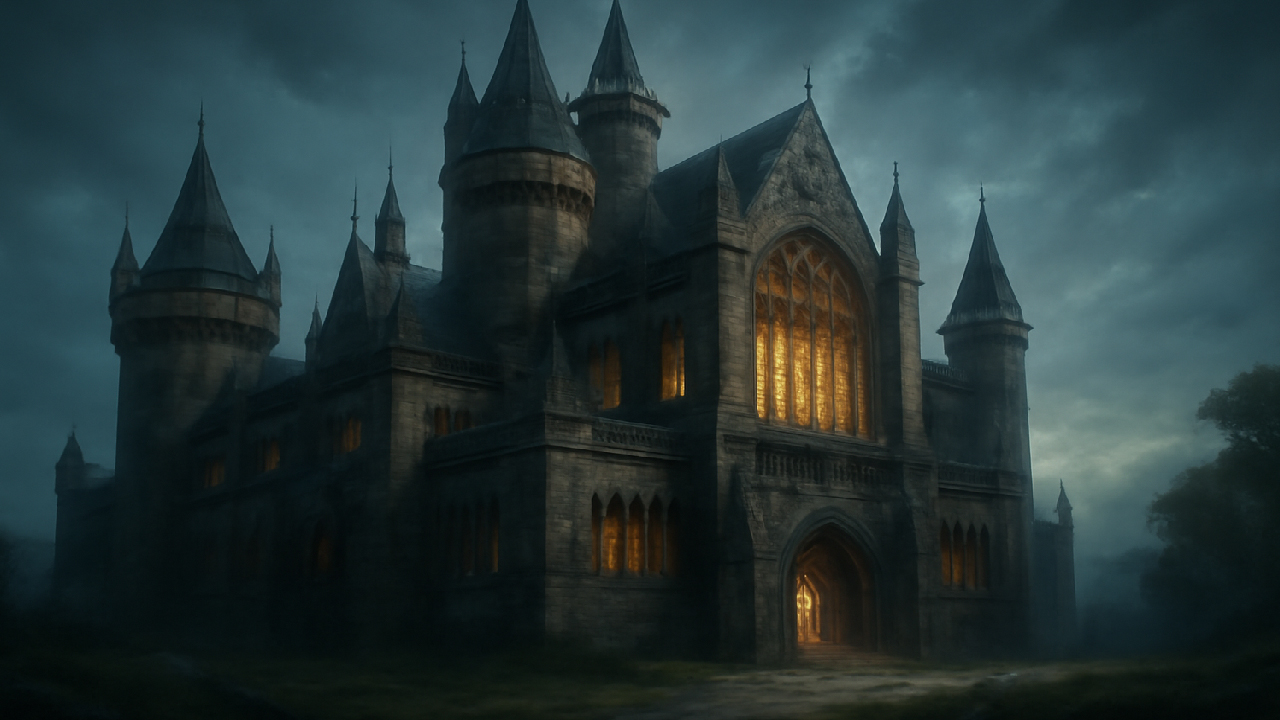 A realistic depiction of a Gothic castle with medieval architectural features, including stone walls, turrets, and arched windows, set in a mystical, ancient landscape, evoking a sense of mystery and history.