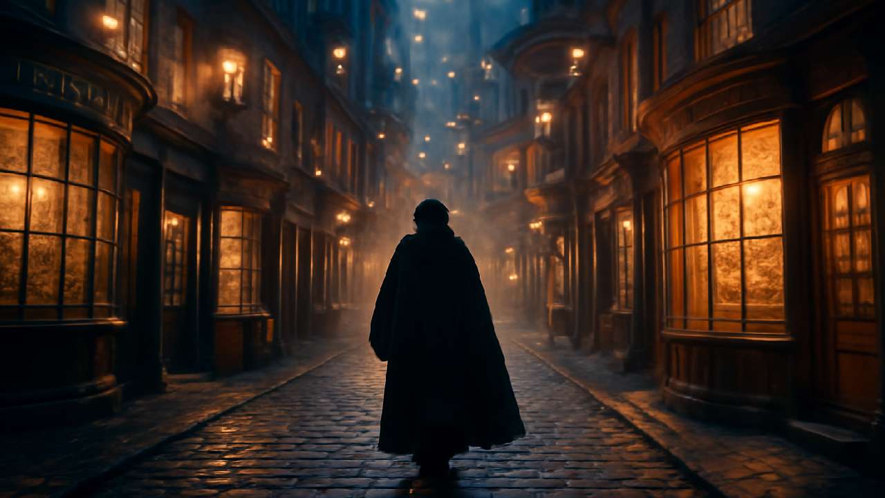 A wizard in a black robe walking through the cobblestone streets of Diagon Alley, surrounded by magical storefronts and glowing lights, creating an immersive atmosphere.
