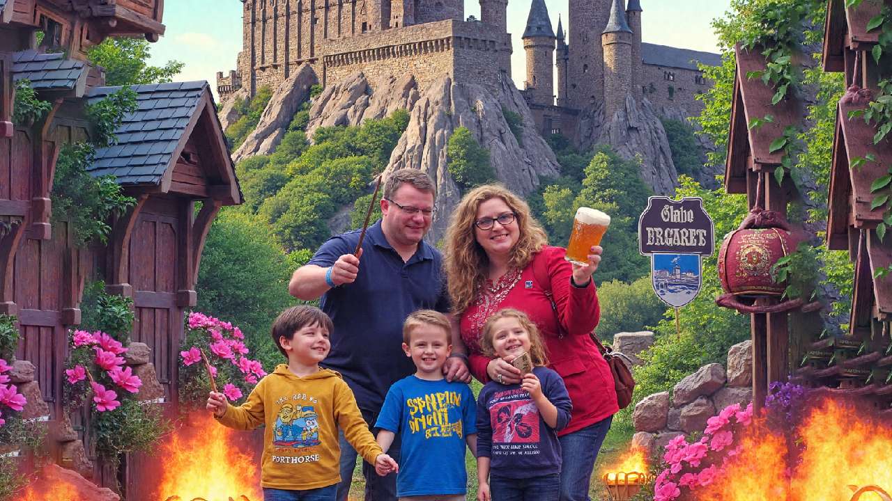 A happy family of four, including parents and two kids, standing in front of Hogwarts Castle. They are interacting with magical elements, waving wands, and sipping Butterbeer. The vibrant background features attractions like the Forbidden Forest and Hogsmeade, with joyful expressions on their faces, capturing the magic and excitement of the wizarding world.