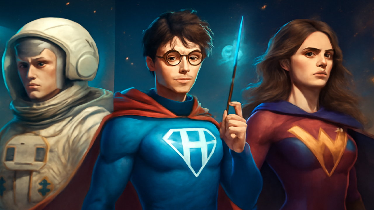 Illustration of Harry, Hermione, and Draco in alternate universes, depicted as superheroes with magical powers, set against a futuristic, magical backdrop. 