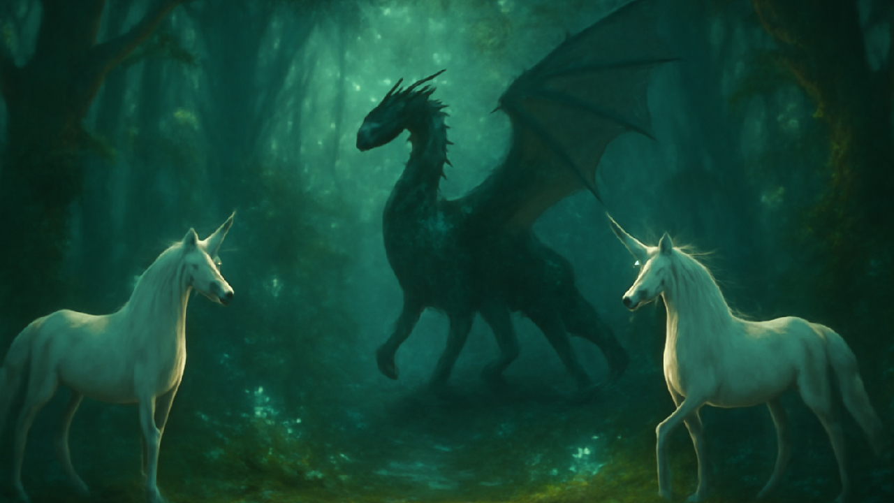 Enchanting deep forest with glowing, bioluminescent plants. A majestic dragon with shimmering green scales walks through the mystical forest, accompanied by two radiant unicorns. The scene exudes ancient magic and a serene, mystical atmosphere, with soft light illuminating the magical creatures and dense trees.