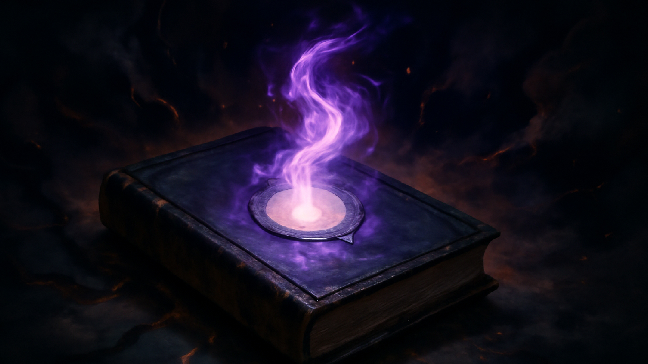 Dark magical diary with a glowing soul fragment emerging from it, radiating electric purple light. The book is surrounded by shadowy tendrils, symbolizing the creation of a Horcrux.