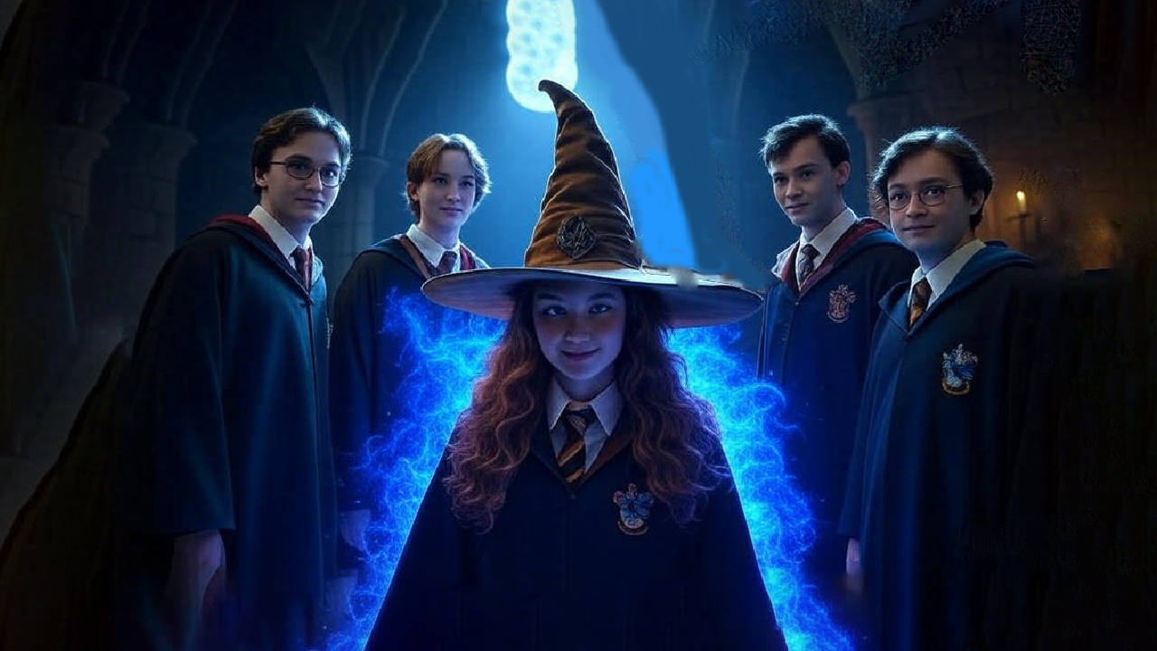 Young Hogwarts students in magical robes standing with the glowing Sorting Hat, surrounded by mystical blue energy in an enchanted hall, representing the iconic Hogwarts Sorting Ceremony.