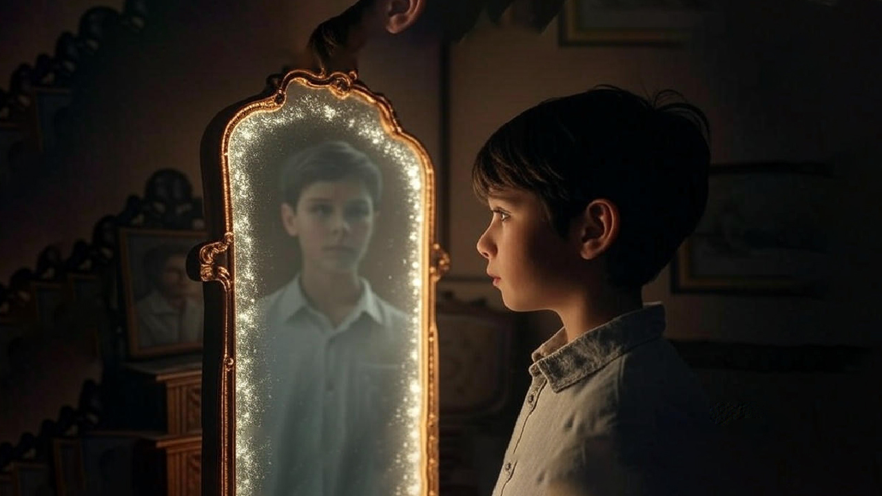 A young boy standing solemnly before an ornate, glowing mirror with a faint reflection of his deceased parents, casting a magical soft light in a serene atmosphere.