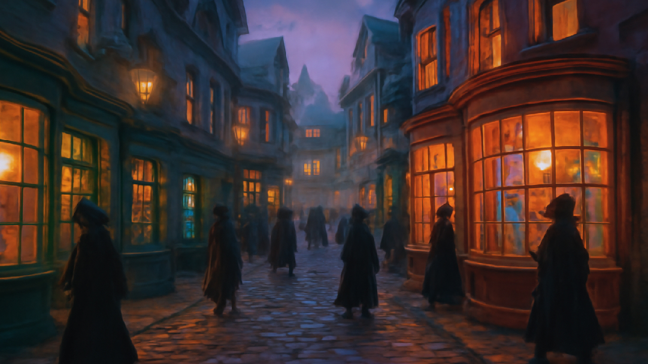 A magical and lively scene of Diagon Alley at twilight, featuring cobblestone streets lined with whimsical, glowing shop windows. Witches and wizards stroll through the vibrant shopping district, surrounded by old-fashioned architecture and warm, inviting lights.