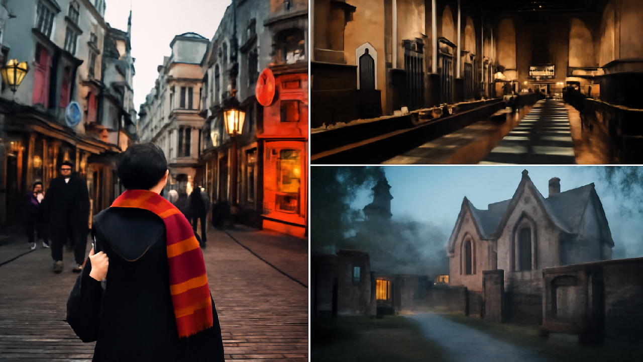 A collage of three iconic Harry Potter destinations: Universal Studios’ Diagon Alley with a wizard walking through the magical street, Warner Bros. Studio Tour’s Great Hall with its enchanted atmosphere, and Edinburgh’s Greyfriars Kirkyard, evoking a mysterious, magical vibe. Each scene features elements like wands, scarves, and classic wizarding architecture.
