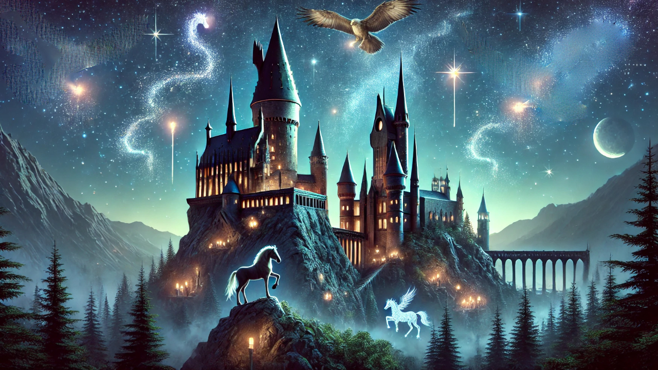 A magical night view of Hogwarts Castle, surrounded by enchanted forests and glowing stars, with mystical creatures like a unicorn and an owl flying overhead.