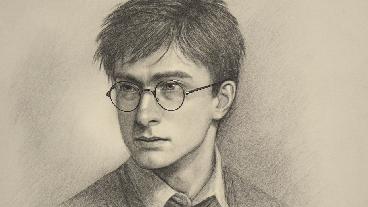 Realistic pencil sketch of Harry Potter, featuring his round glasses, lightning scar, and thoughtful expression, set against a soft, glowing background.