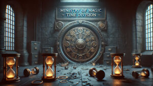 Ministry of Magic Time Division entrance with a large, intricate time lock and broken hourglasses scattered around, creating a mystical and chaotic scene.