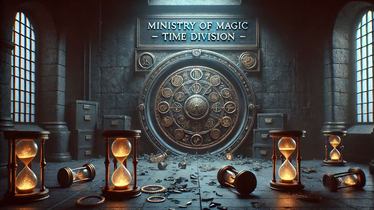 Ministry of Magic Time Division entrance with a large, intricate time lock and broken hourglasses scattered around, creating a mystical and chaotic scene.
