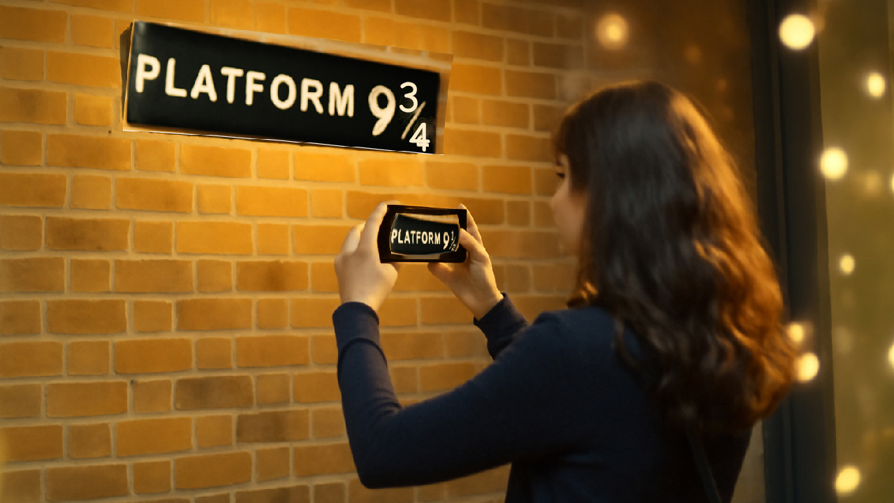 A fan taking a photo of the iconic 'Platform 9 ½' sign at King's Cross Station, with a glowing, magical atmosphere and soft bokeh lights in the background, capturing the wizarding world of Harry Potter.