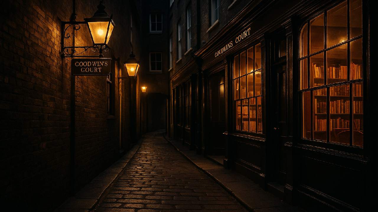 Goodwin’s Court in London, narrow cobblestone alleyway with glowing gas lamps, historic Georgian brick walls, old shopfronts — real-life inspiration for Diagon Alley.
