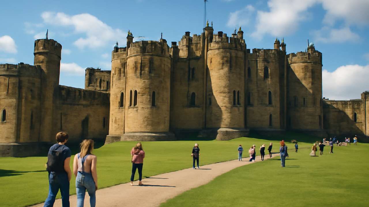 Alnwick Castle exterior on a bright sunny day, a famous Harry Potter filming location, with tourists exploring the grounds and walking along a gravel path. The castle's impressive stone architecture, featuring turrets and parapets, is set against a lush green landscape and a clear blue sky, evoking strong Hogwarts vibes.
