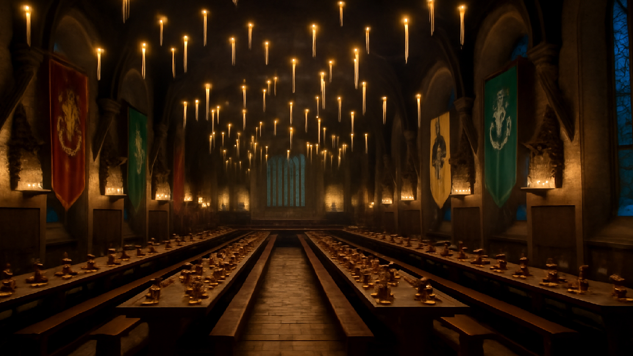 The Great Hall of Hogwarts, featuring long wooden tables, floating candles above, vibrant House banners on the walls, and a magical, inviting atmosphere. The hall's high stone arches, glowing candlelight, and the rich colors of the House banners create a warm, enchanting scene.