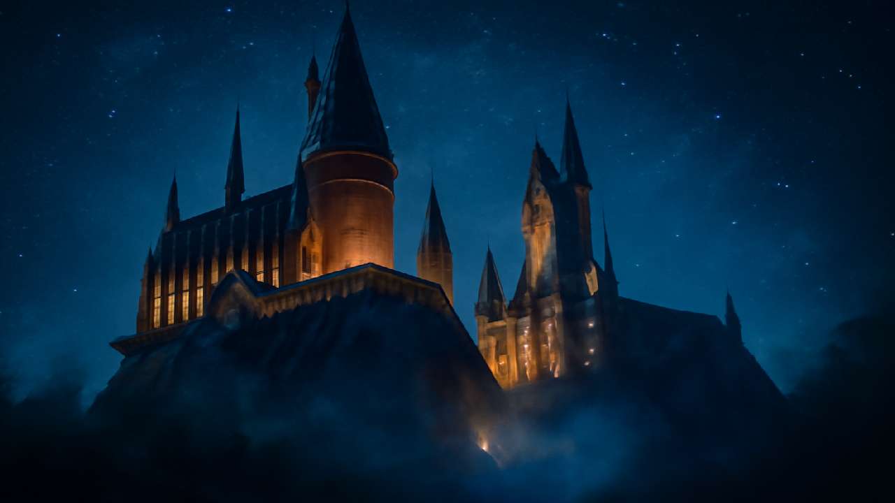 Hogwarts Castle illuminated under a starry sky, glowing with warm light and surrounded by mist, creating a mystical, enchanting atmosphere.
