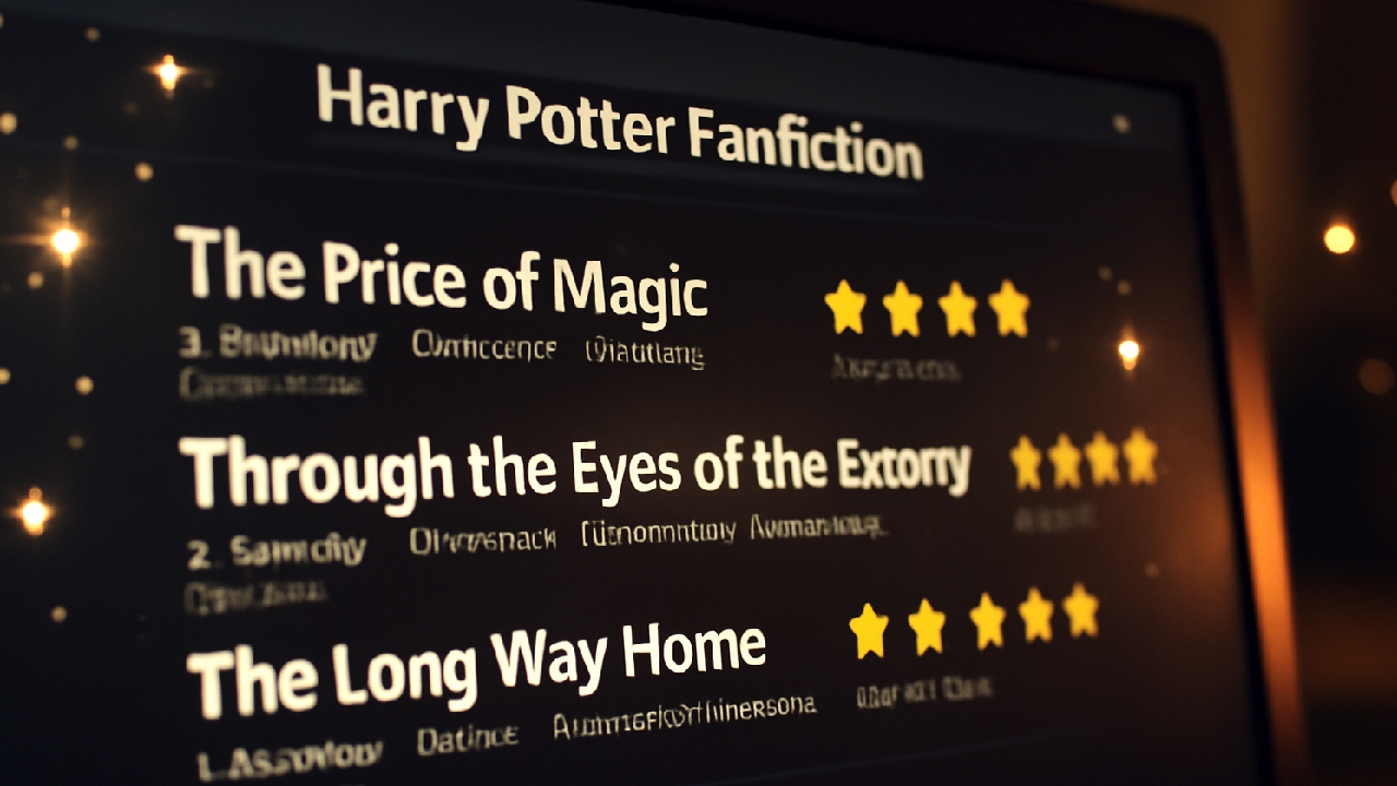Close-up of a computer screen displaying a Harry Potter fanfiction page with glowing stars, high ratings, and vibrant titles, creating an engaging and lively atmosphere.