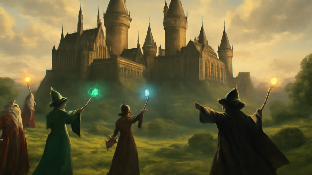 Digital painting of Hogwarts Castle with four magical figures representing the founders, casting spells in front of the iconic Gothic architecture. Set against a lush green landscape, the scene captures the foundation of magical education in a semi-realistic style, with vibrant magical energy and warm lighting illuminating the historic castle and its surroundings