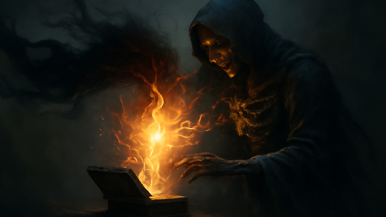A skeletal wizard in a tattered cloak transferring a glowing, fiery soul fragment into a dark, intricately carved magical box. The scene is set in a misty, eerie atmosphere, symbolizing the creation of a Horcrux.