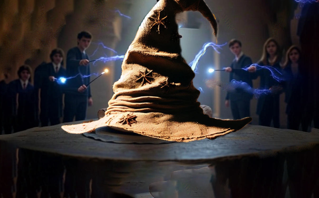 The Sorting Hat glowing with magical energy on a wooden stool, surrounded by young Hogwarts students casting spells with wands, creating a mystical atmosphere in an enchanted hall.