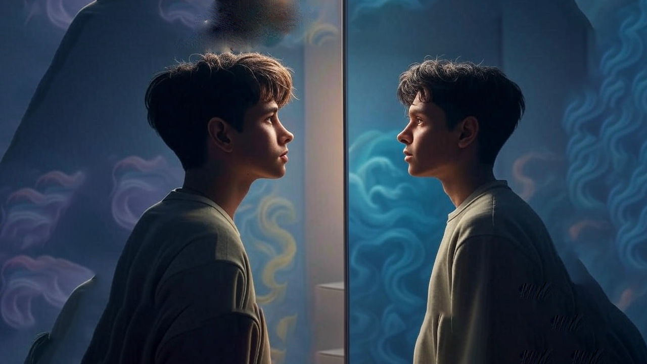 A person gazing into a mirror with one side reflecting an idealized fantasy version and the other a grounded reality version, set against an abstract background symbolizing the clash of desires with truth, 16:9 aspect ratio.