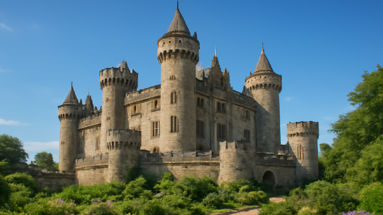 A majestic medieval castle with high towers and stone walls, standing proudly under a clear blue sky. The castle is surrounded by lush gardens, with intricate architectural details, evoking the charm of ancient, magical times.