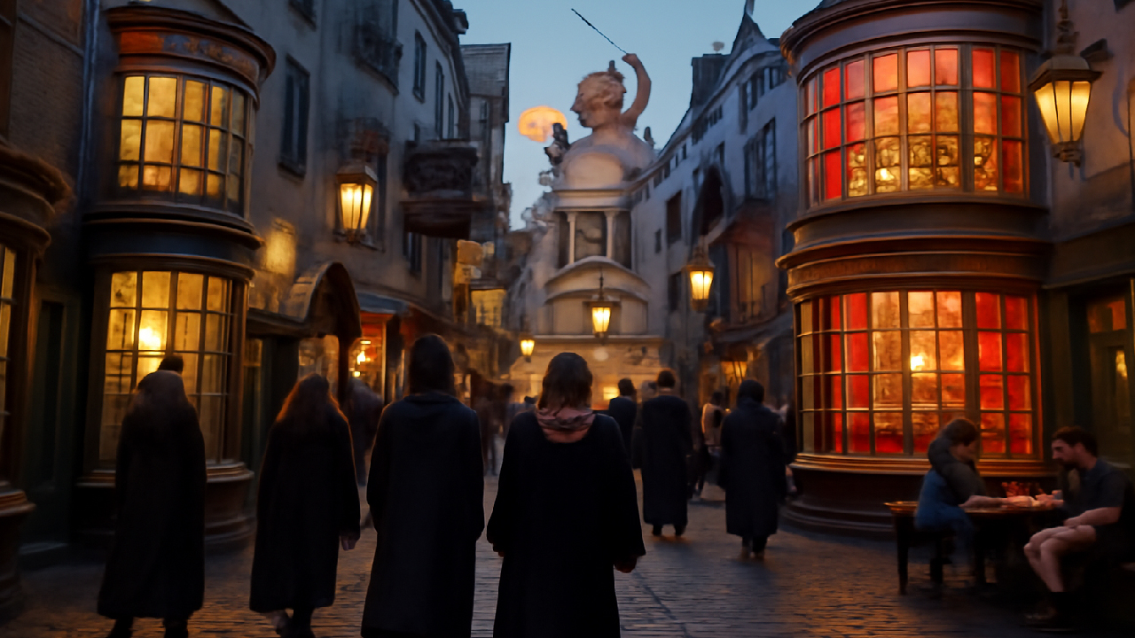 A vibrant, magical scene of Diagon Alley at Universal Studios, featuring witches and wizards in robes strolling along cobblestone streets. The glowing shops, including Ollivanders and Weasleys' Wizard Wheezes, create an enchanting atmosphere, with visitors enjoying Butterbeer at outdoor tables under warm lantern light.