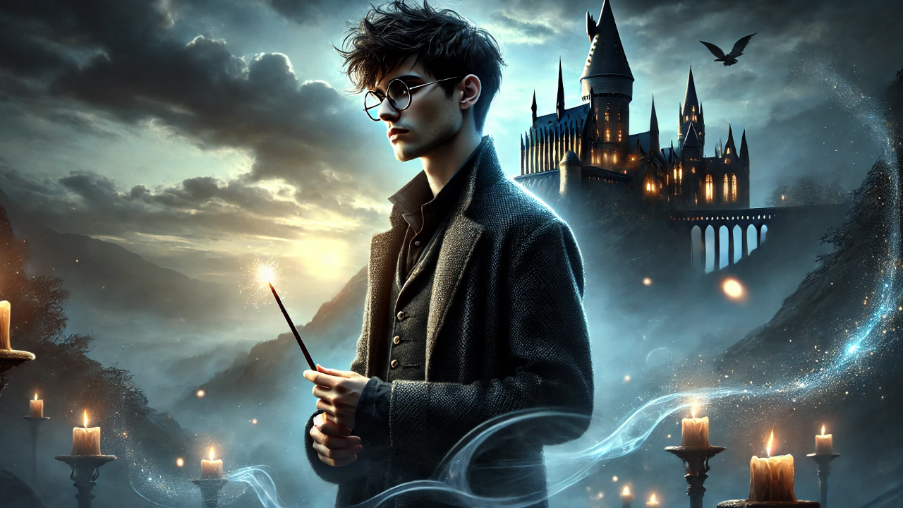 A young wizard holding a wand with glowing magic, standing in front of Hogwarts Castle, surrounded by candles and mystical energy, with an owl flying in the background.