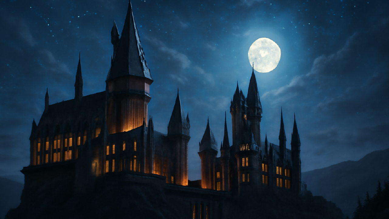 Realistic night-time view of Hogwarts Castle, illuminated by glowing windows and bathed in moonlight, with a mystical aura surrounding the castle. 
