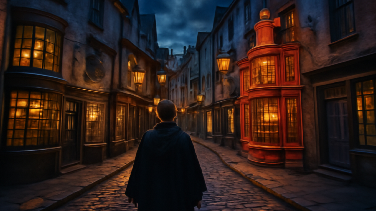 Magical view of Diagon Alley from Harry Potter, with cobblestone streets, glowing shop windows like Ollivanders and Weasleys' Wizard Wheezes, and a fan in a dark cloak walking through the enchanting scene at twilight. 