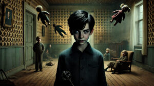 A young boy standing in a dimly lit room with floating dolls around him, giving an eerie atmosphere, as other children sit motionless in the background.