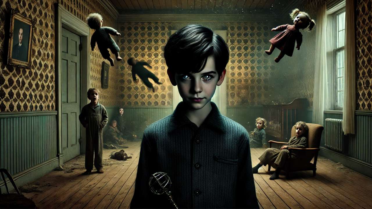 A young boy standing in a dimly lit room with floating dolls around him, giving an eerie atmosphere, as other children sit motionless in the background.