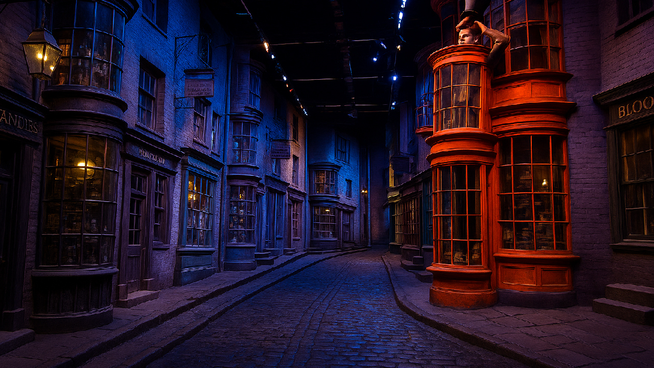 Harry Potter Diagon Alley film set with Ollivanders, Flourish and Blotts, cobblestone street and magical lighting — recreated at Warner Bros. Studio Tour London.
