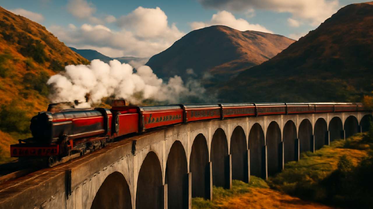 Scenic view of the Hogwarts Express steam train crossing the Glenfinnan Viaduct in the Scottish Highlands, with vibrant autumn colors, dramatic mountains in the background, and billowing white smoke trailing behind the vintage red locomotive.
