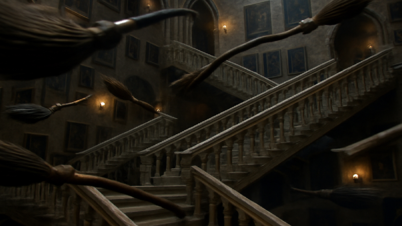 A dynamic scene inside a Hogwarts-style castle, showcasing floating staircases that twist and turn, with ornate stone railings and portraits on the walls. The atmosphere is illuminated by flickering candlelight, enhancing the magical yet realistic setting of the grand, Gothic architecture.
