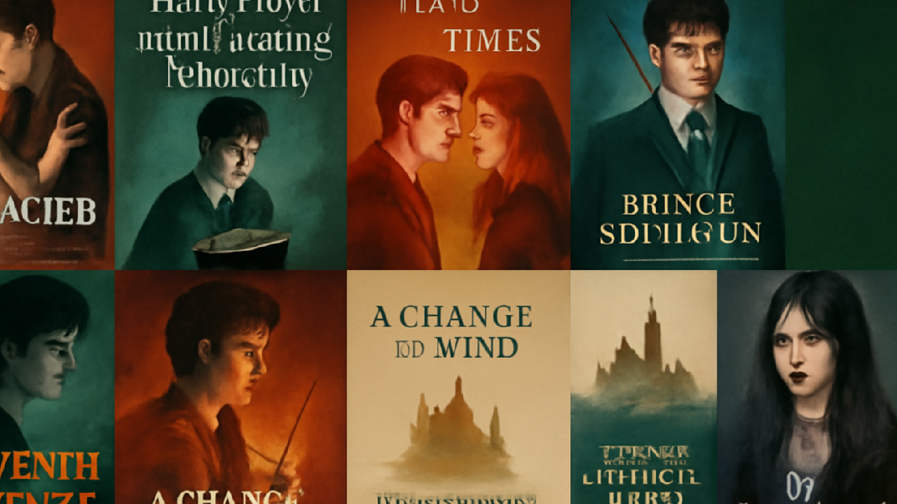 Collage of ten Harry Potter fanfiction book covers arranged in a 2x5 grid, showcasing various genres including dark romance, adventure, action, and satire. Each cover features unique designs with magical elements like wands, castles, and iconic characters from the Wizarding World, all set against vibrant, mystical backgrounds. The titles of the fanfics are displayed in bold, readable fonts, reflecting a vintage, magical aesthetic.
