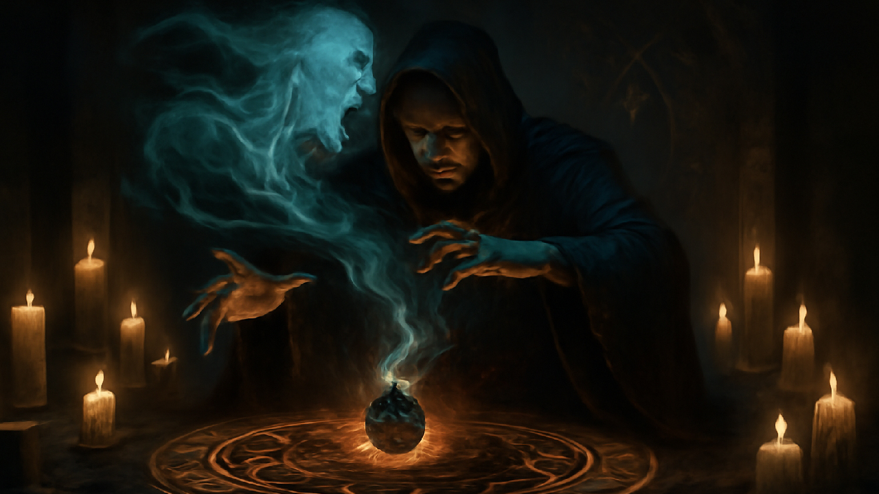A dark wizard performing an ancient ritual, surrounded by glowing candles and a mystical, swirling orb. A ghostly apparition rises from the orb, emphasizing the dark magic at work. The atmosphere is tense and ominous, with the wizard's focused expression adding to the eerie scene.